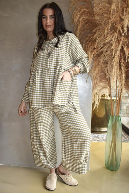 Annie Gingham Peter Pan Smock Blouse Olive -